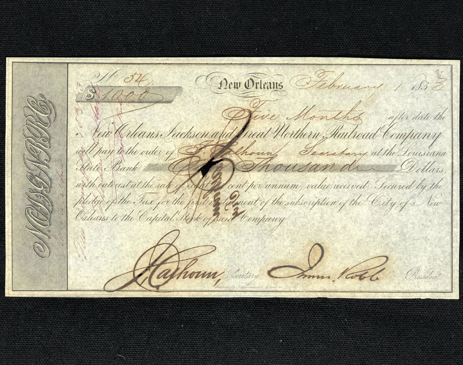 Signed bank note, J CALHOUN 1858 (1 of 2)