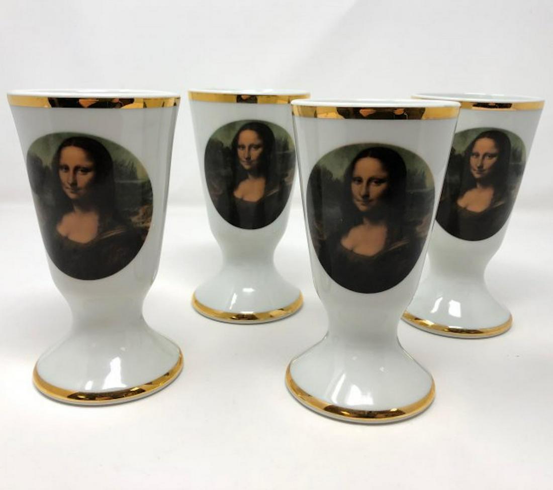 Exclusive, Limoges France Porcelain Mona Lisa Goblets: DESCRIPTIONSet of four. Stamped on underside. Material: porcelain. Measurement: approximate 5.25"h (INCHES). Shipping: $40; different rate to Alaska, California, Hawaii