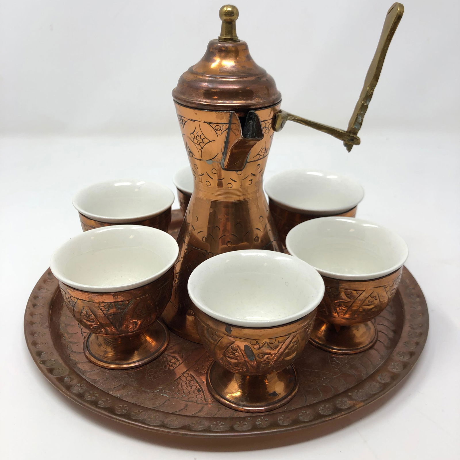 Turkish Tea set, pressed copper & 6 cups, china & tray (1 of 17)