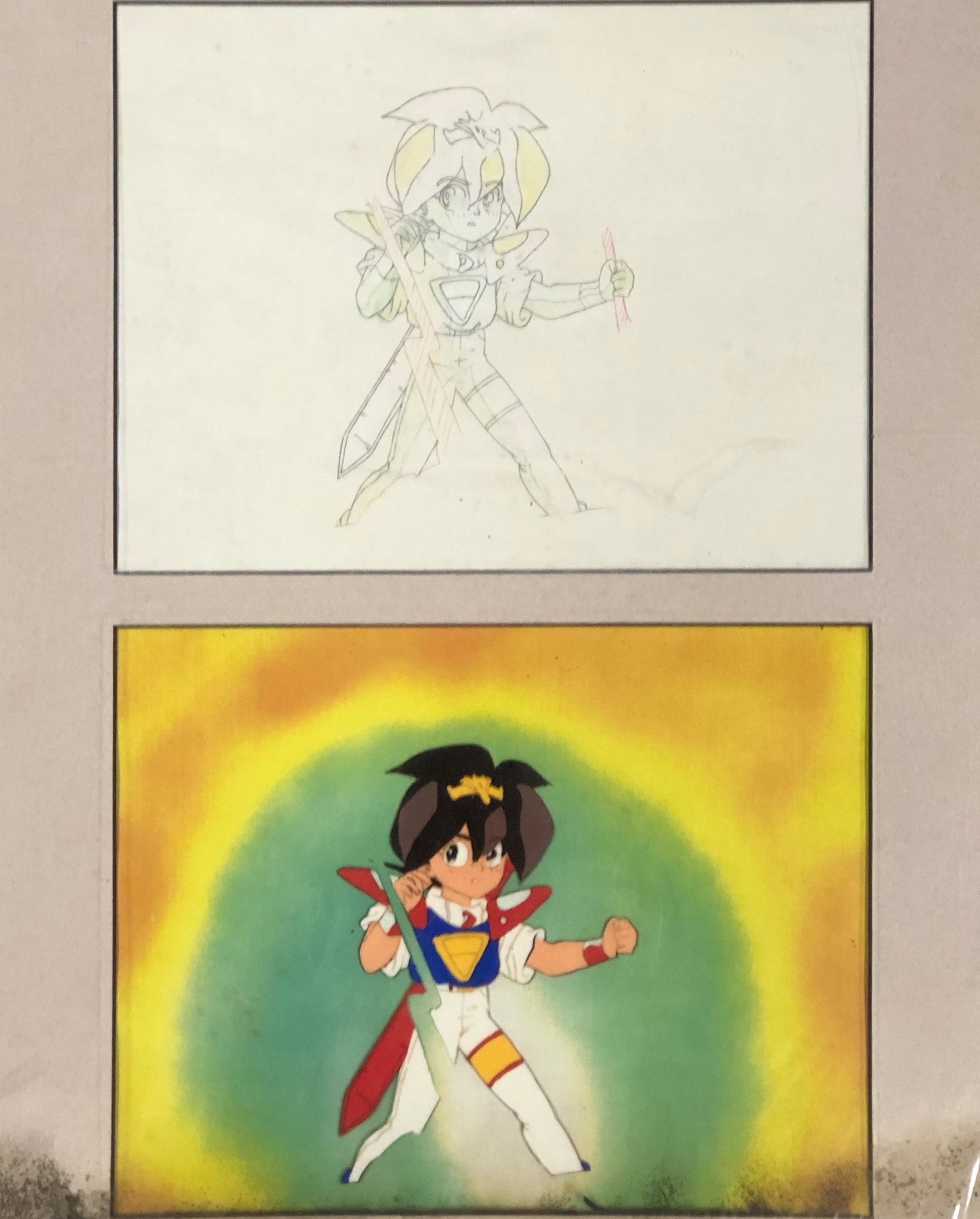 B&W Sketch art / colorized versions of girl Anime: Framed B&W Sketch art / colorized split panel versions of Anime girl cartoon. Medium: Paper. Measurements approximate: 20"x 16" total, top and bottom art area each: 10" x 7.5". Shipping cost: $20 . Di