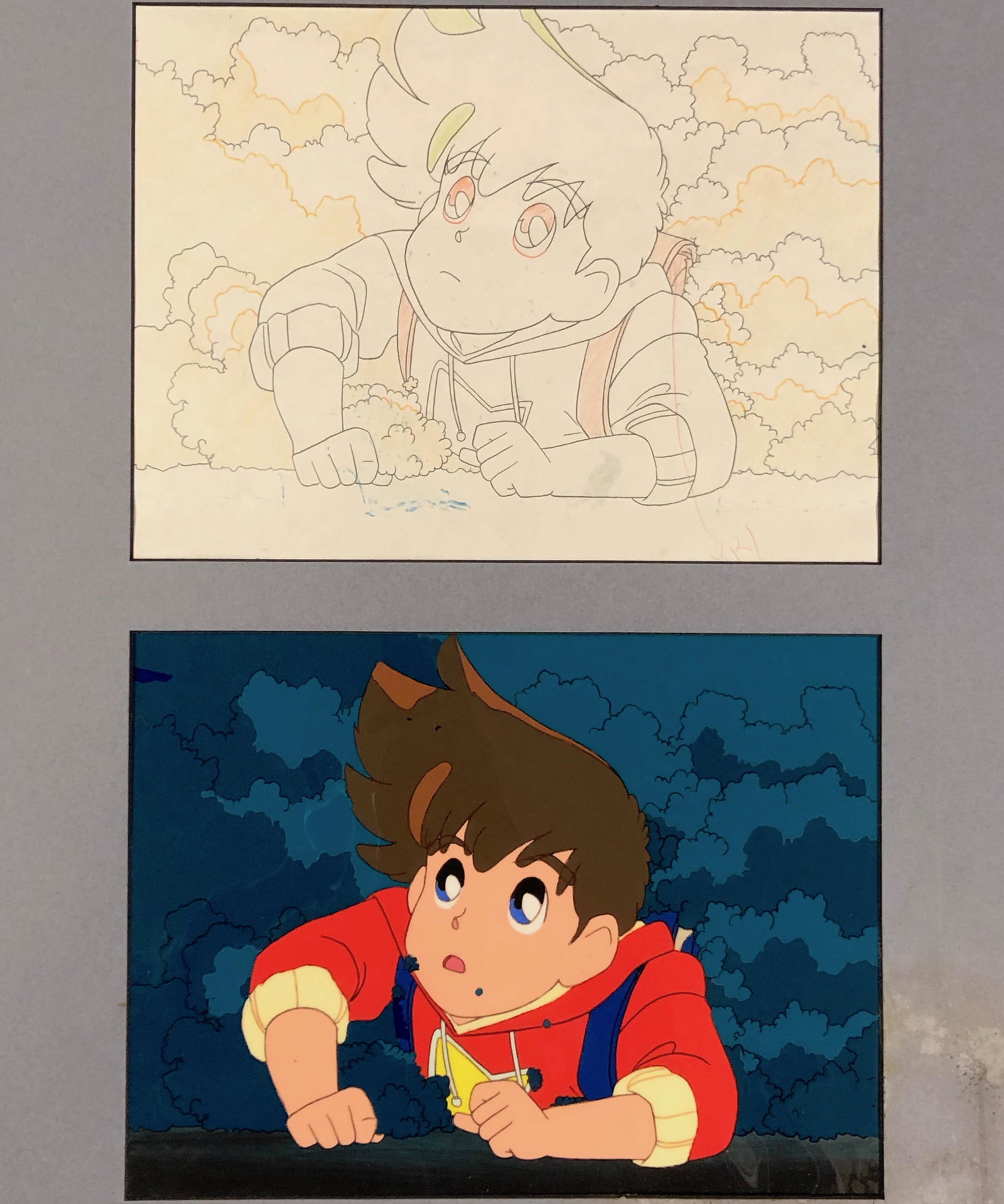 B&W Sketch art / colorized versions of girl Anime: Framed B&W Sketch art / colorized split panel versions of Anime girl cartoon. Medium: Paper. Measurements approximate: 20"x 16" total, top and bottom art area each: 10" x 7.5". Shipping cost: $20 . Di