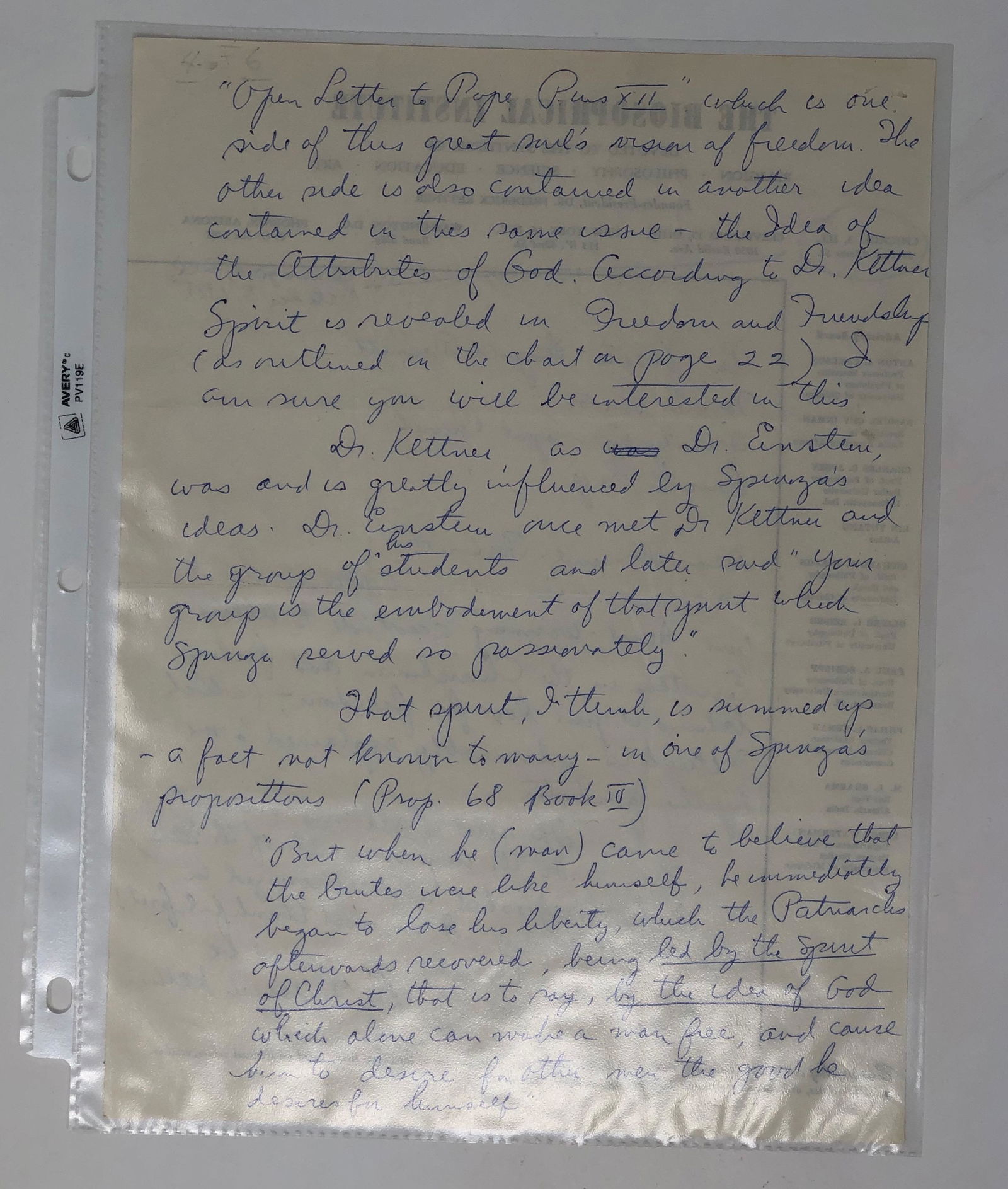 WL BENNETT/EINSTEIN #18, #19 Letter to Pope Pius: WALTER L. BENNETT, Sleeves #18-#19, Open letter to Pope Pius XII discussion in letter to BENNETT from THE BIOSPOHICAL INSTITUTE stationery 8OCT1955 4 pages two sheet, each in separate looseleaf page c