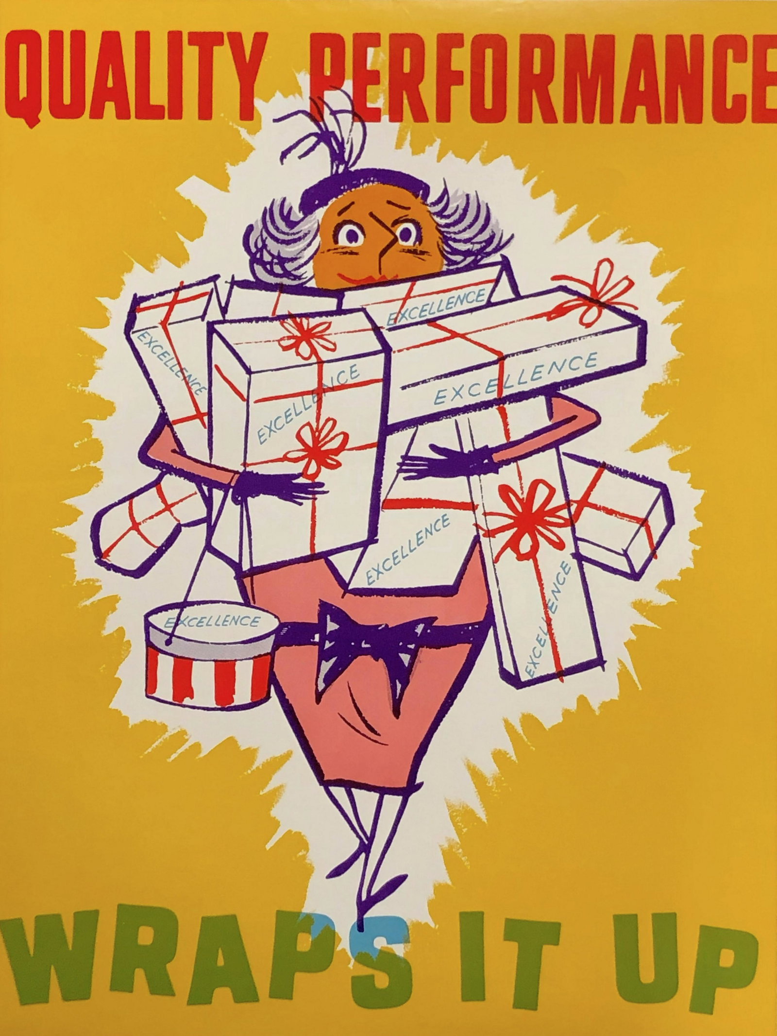 QUALITY PERFORMANCE wraps it up; M 2751 MD;: Vintage Original Mid Century Safety Poster: QUALITY PERFORMANCE wraps it up; M 2751 MD; Approximate measurements: 17 x 22 inches; Material: paper; ELLIOT SERVICE COMPANY INC. MOUNT VERNON, NEW NEW YOR