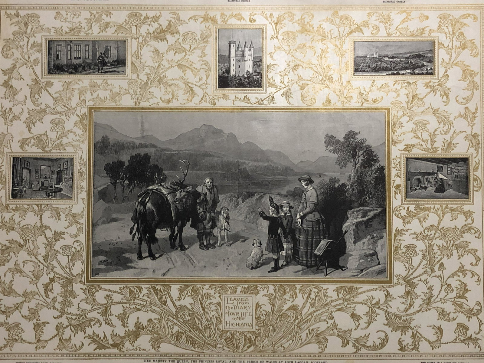 Giclee/ The Graphic/ Maj.Queen/Prince Of Wales Scotland: Description: Leaves from the Diary of our life in the highlands Her Majesty the Queen the Princess Royal and the prince of Wales at Loch laggan Scotland the clean the Highland College cottage from the