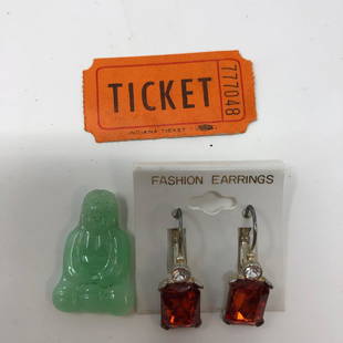 LUCKY?RUBYlike fashion EARRINGS JadeOrNot Buddah ORANGE: LUCKY?RUBYlike fashion EARRINGS JadeOrNot Buddah ORANGE RAFFLE ticketApproximate measurements: 4 x 3 inches total;Materials: metal, stone, paper, green stone ;Condition: used, good;Shipping cost: