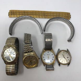 WATCH LOT (4) faces (6) bands PARTS/REPAIRWATCHIT: WATCH LOT (4) faces (6) bands PARTS/REPAIRWATCHIT KRONOTRONCHEROKEEApproximate measurements: varies watchband + watch;Materials: variable, glass, metal, possibly quartz;Condition: used,