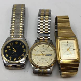 WATCH LOT mens Pierre Cardin + (2) fixxer upper LAURIER: WATCH LOT mens Pierre Cardin + (2) fixxer upper LAURIER AMITRON Approximate measurements: varies watchband + watch;Materials: metal, glass;Condition: used, good;Shipping cost: $12. Different rate to