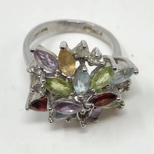 PJM Ring Silver with MARKINGS Multi Colored Stones: PJM Ring Silver with MARKINGS Multi Colored StonesApproximate measurements: 1 x 0.75 x 0.67 inch ;Materials: Metal, silver, colored stones;Condition: used, good;Shipping cost: $12. Different rate to