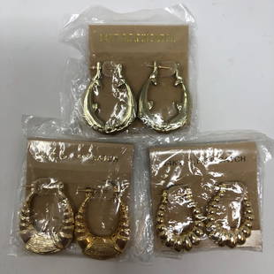 Lot of 3 pair (THREE) 14KT.G.F.PINCATCH gold tone: Lot of 3 pair (THREE) 14KT.G.F.PINCATCH gold tone earrings MADE IN KOREA in sealed cellophaneApproximate measurements: 2 inch square total on cardboard in cello, 1.5 x 1.0 inch each