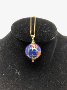 Enameled WORLD GLOBE dangle on delicate golden tone: Enameled WORLD GLOBE dangle on delicate golden tone chain with silvery metal end Approximate measurements: tangled, may be 15 inches, needs TLC, globe 1 inch round;Materials: Metal,