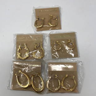 Lot of 5 pair (FIVE) 14KT.G.F.PINCATCH gold tone: Lot of 5 pair (FIVE) 14KT.G.F.PINCATCH gold tone earrings MADE IN KOREA in sealed cellophaneApproximate measurements: 2 inch square total on cardboard in cello, 1.5 x 1.0 inch each