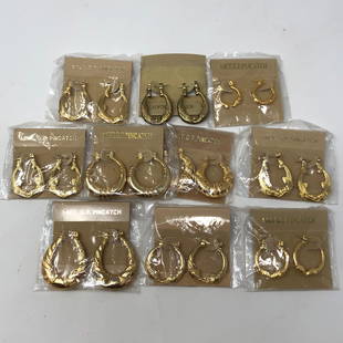 Lot of 10 pair (TEN) 14KT.G.F.PINCATCH gold tone: Lot of 10 pair (TEN) 14KT.G.F.PINCATCH gold tone earrings MADE IN KOREA in sealed cellophaneApproximate measurements: 2 inch square total on cardboard in cello, 1.5 x 1.0 inch each