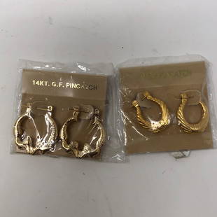 Lot of 2 pair (TWO) 14KT.G.F.PINCATCH gold tone: Lot of 2 pair (TWO) 14KT.G.F.PINCATCH gold tone earrings MADE IN KOREA in sealed cellophaneApproximate measurements: 2 inch square total on cardboard in cello, 1.5 x 1.0 inch each