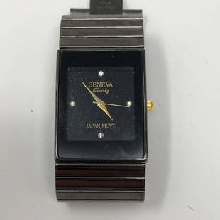 GENEVA Quartz watch Japan movement water resistant: GENEVA Quartz watch Japan movement water resistant stainless steel back cover, 4 stones set in face at 12 3 6 & 9Approximate measurements: 8.5 inches total open length, watch without band 1.0 x 1.5