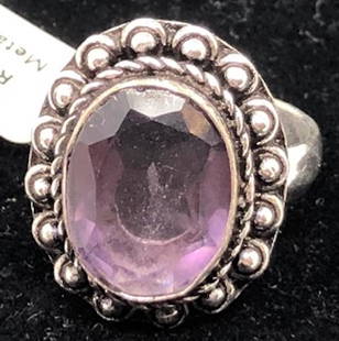 German Silver Ring w/ Amethyst: Description: German Silver Ring w/ Amethyst. Shipping: $5