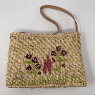 Flowers EMBROIDERED straw handbag leathery strap pink: Flowers EMBROIDERED straw handbag leathery strap pink bag inner elegance 2 big chambers, zippered middle chamber, one zippered side compartment, lovely for Spring, Summer or anytime to put a smile on
