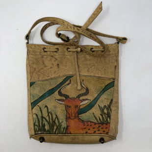 signed EMILY AM shoulder bag STUNNING painted GAZELLE: signed EMILY AM shoulder bag STUNNING painted GAZELLE art, black interior, zipper pocket, elegance whether shopping in the city or on safariApproximate measurements: 10 x 10.5 x 2 , strap 49 inches