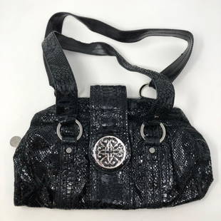 SOLINA black leather tote: SOLINA black leather toteApproximate measurements: 12 x 6 x 4 inches ;Materials: faric, leather, silver tone metal;Condition: used, good;Shipping cost: $. Different rate to California, Alaska,