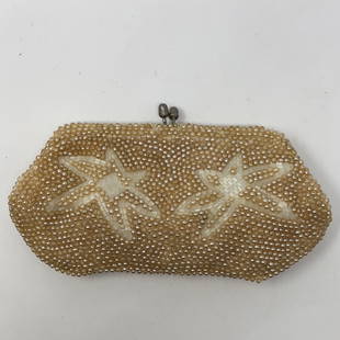 VINTAGE pearly clutch STARRY inset clasp & choke: VINTAGE pearly clutch STARRY inset clasp & choke Approximate measurements: 8 x 4 x 1;Materials: fabric, faux pearl, metal, lucite;Condition: used, good;Shipping cost: $12. Different rate to