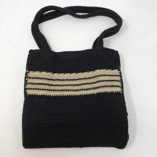 Top Handle Crochet / KnitBag Lovely Black 4 Band Tan: Top Handle Crochet / KnitBag Lovely Black 4 Band TanApproximate measurements: 9 x 8.5 x 4 inches;Materials: fabric, metal ;Condition: used, good;Shipping cost: $19. Different rate to California,