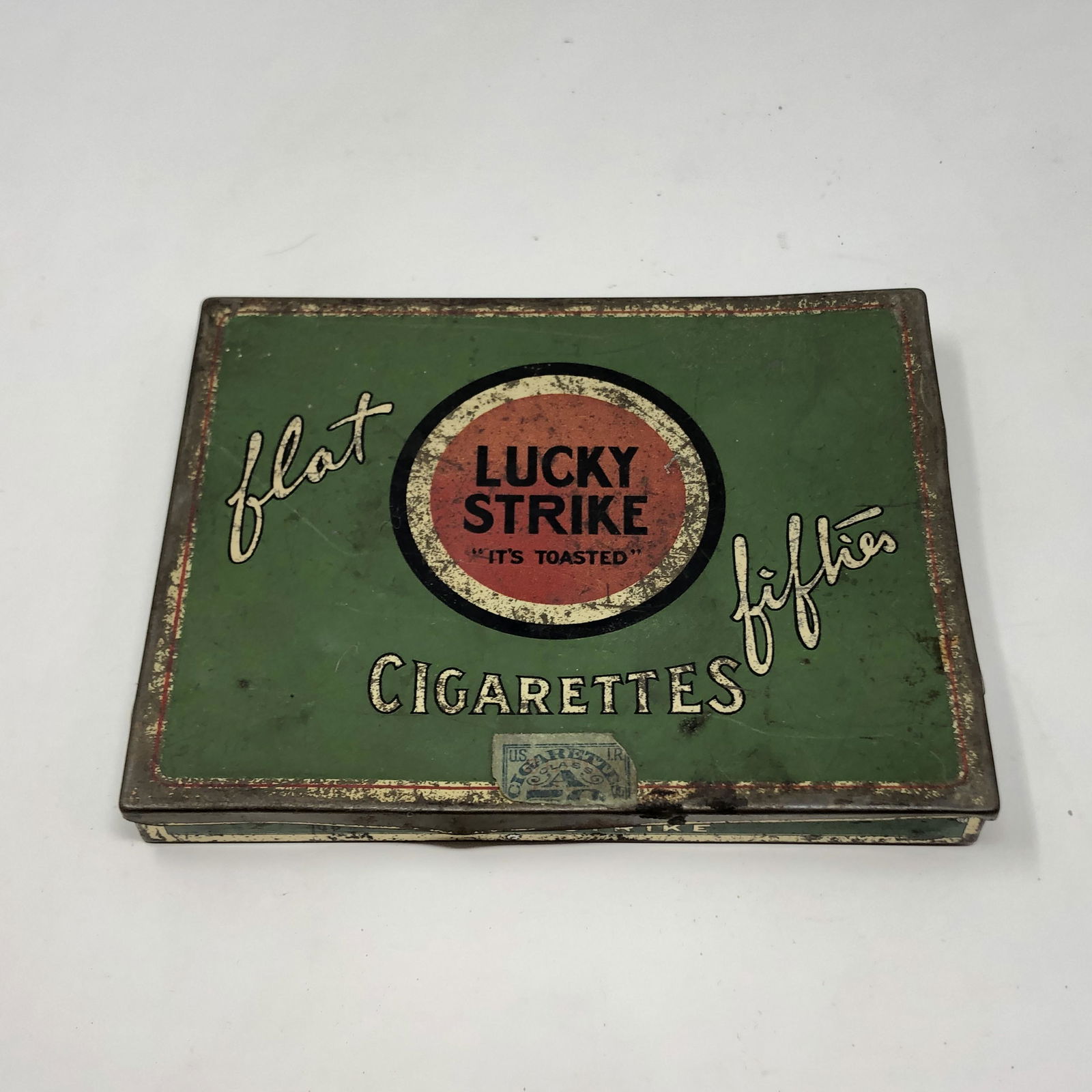 LUCKY STRIKE Flat Filter GREEN & RED tobacco tin W TAX (1 of 3)