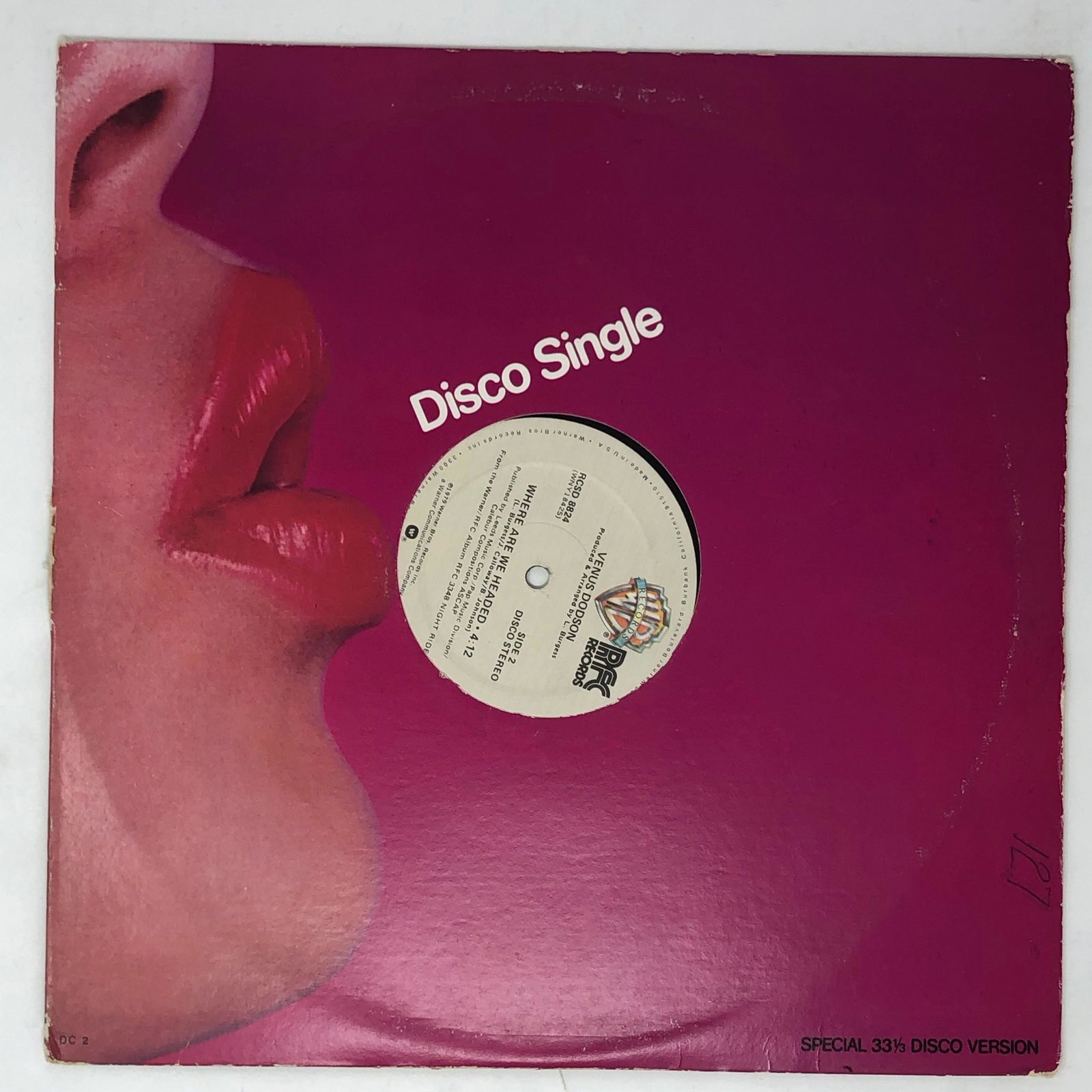 VENUS DODSON NIGHT RIDER/WHERE ARE WE HEADED disco: VENUS DODSON NIGHT RIDER/WHERE ARE WE HEADED disco single, RCSD-8824 RFC Records;Category: VINYL RECORD(S);Approximate measurements: 7 x 10 inches;Materials: vinyl, paper;Condition: used, good, as is;