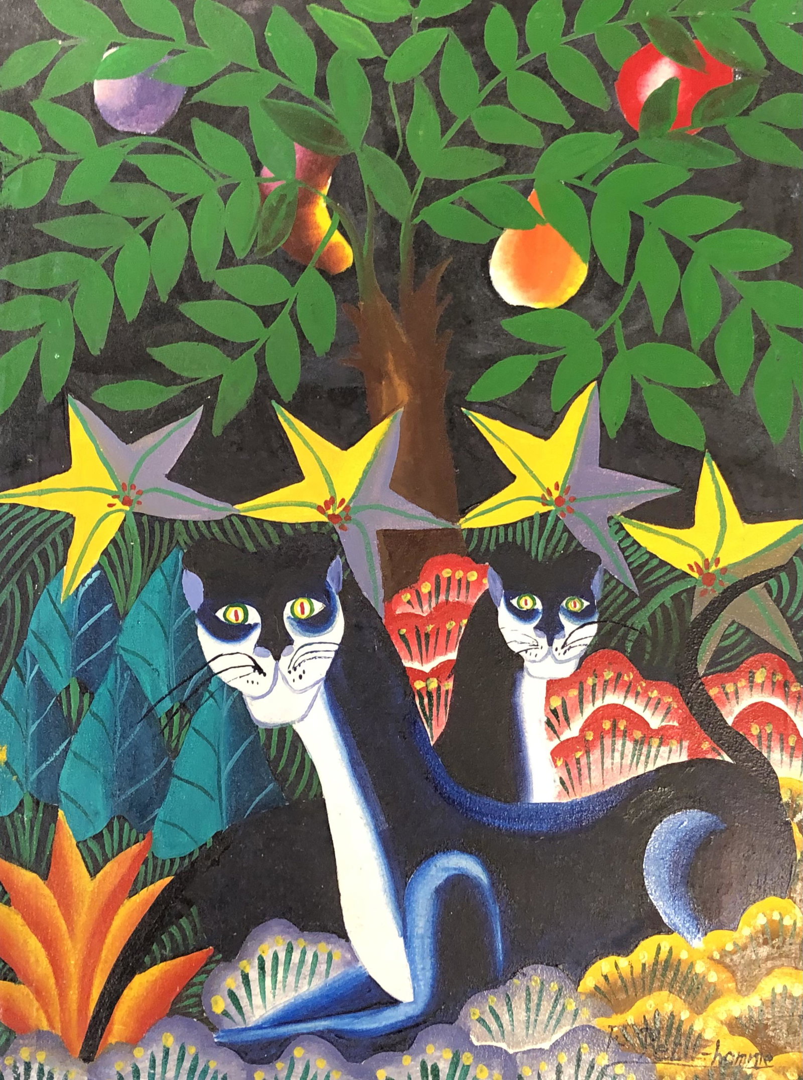 FPellhomme? signed Haitian artist oil on canvas: F?-Pell?-homme? signed Haitian artist oil on canvas unframed JUNGLE CATSApproximate measurements: 12 x 16 inches Materials: canvas, wood, metal fasteners, glue, paintShipping cost: $45. Different rate