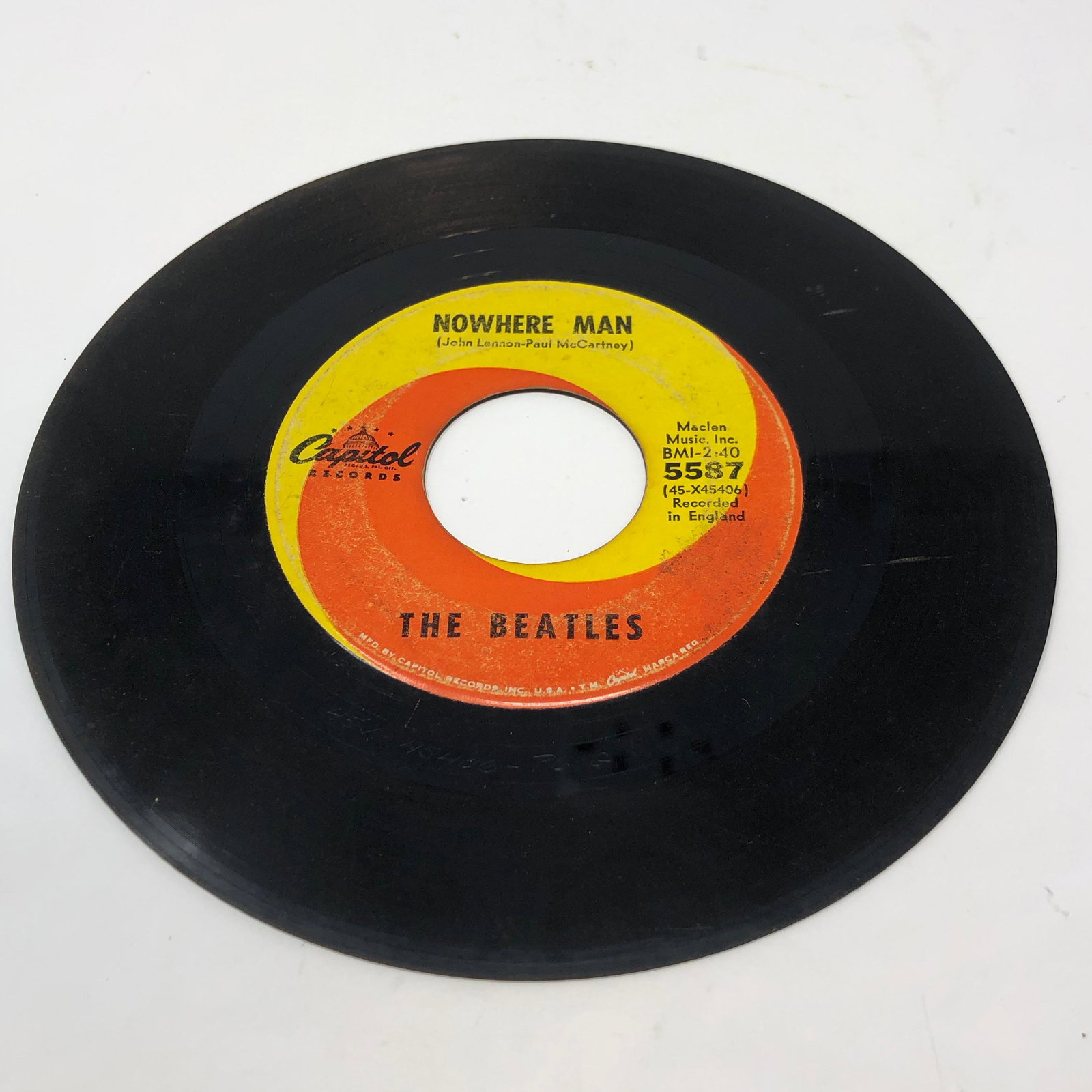 BEATLES CAPITOL RECORDS VINYL 45 NOWHERE MAN /WHAT GOES: BEATLES CAPITOL RECORDS VINYL 45 NOWHERE MAN /WHAT GOES ON Approximate measurements: 7 inches round Materials: vinyl, paperShipping cost: $7. Different rate to California, Alaska, Hawaii and all Inter