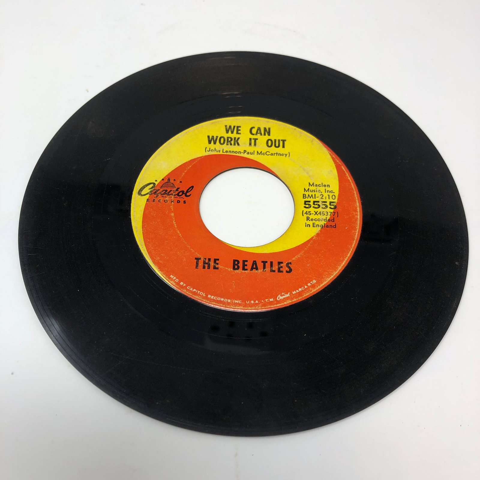 BEATLES CAPITOL RECORDS VINYL 45 / WE CAN WORK IT OUT /: BEATLES CAPITOL RECORDS VINYL 45 / WE CAN WORK IT OUT / DAY TRIPPERApproximate measurements: 7 inches round Materials: vinyl, paperShipping cost: $7. Different rate to California, Alaska, Hawaii and a