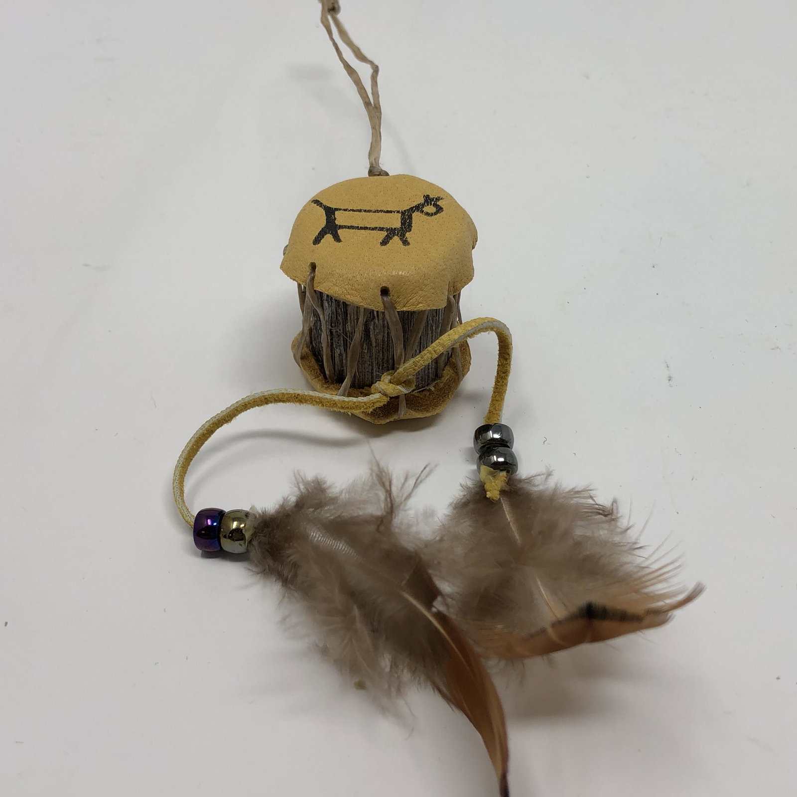 Miniature Indian TOM TOM feather ceremonial drum; (1 of 3)