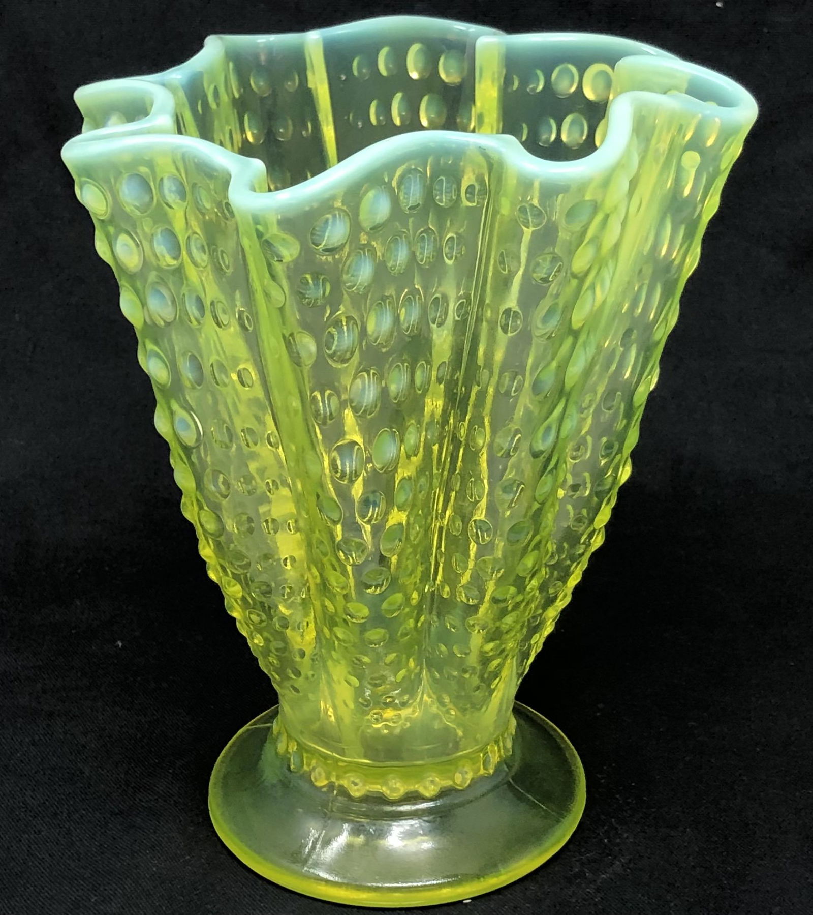 Antique 8-fluted Fenton Vaseline Glass Hobnail 8" vase (1 of 4)