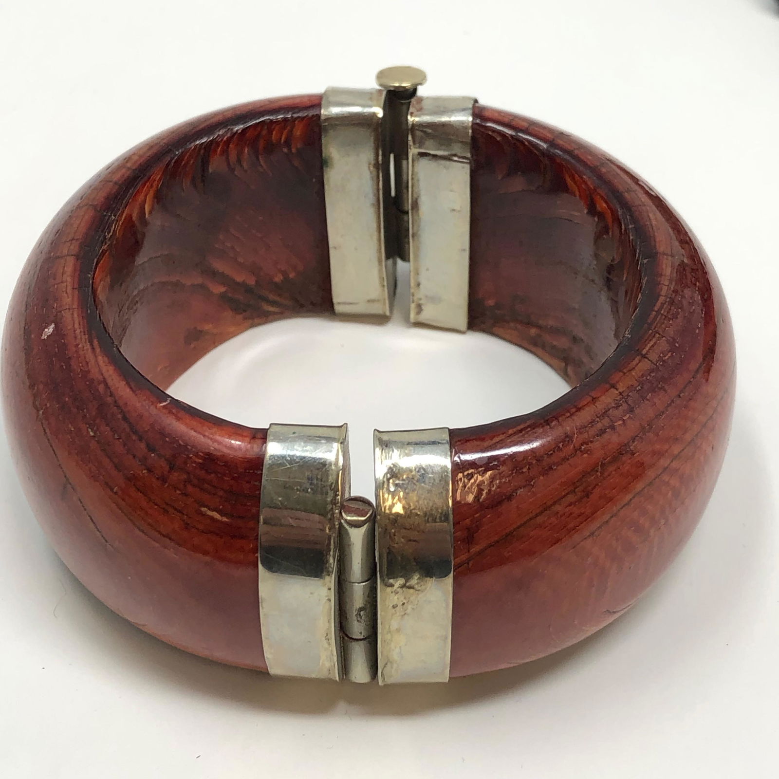 Lovely AFRICAN carved polished wood post pin hinged (1 of 2)