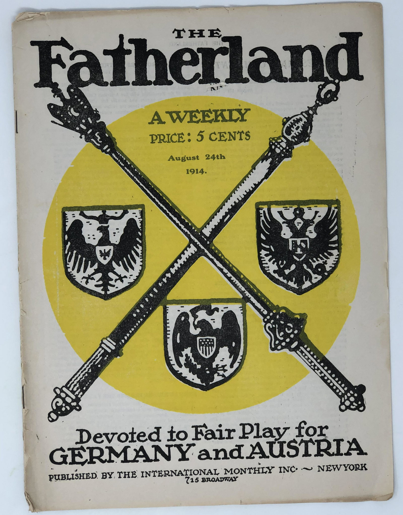 The Fatherland WWI Aug-24-1914 JAPANS ULTIMATUM and USA: The Fatherland WWI Aug-24-1914 JAPANS ULTIMATUM and USA, HANS FLATO POLITICAL CARTOON back inside cover - Fair Play for Germany and Austria, pro Germany weekly published in New York during WWI origina