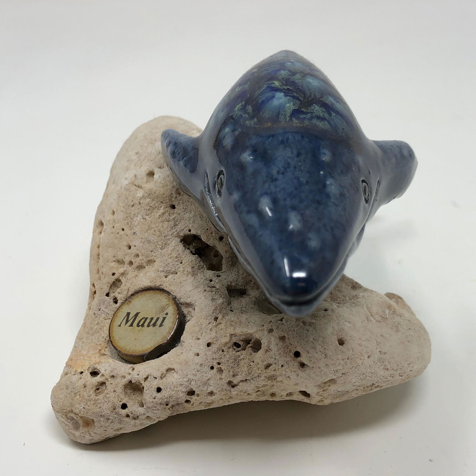 MAUI Blue Dolphin Ceramic Statue on Stone Stand (1 of 3)