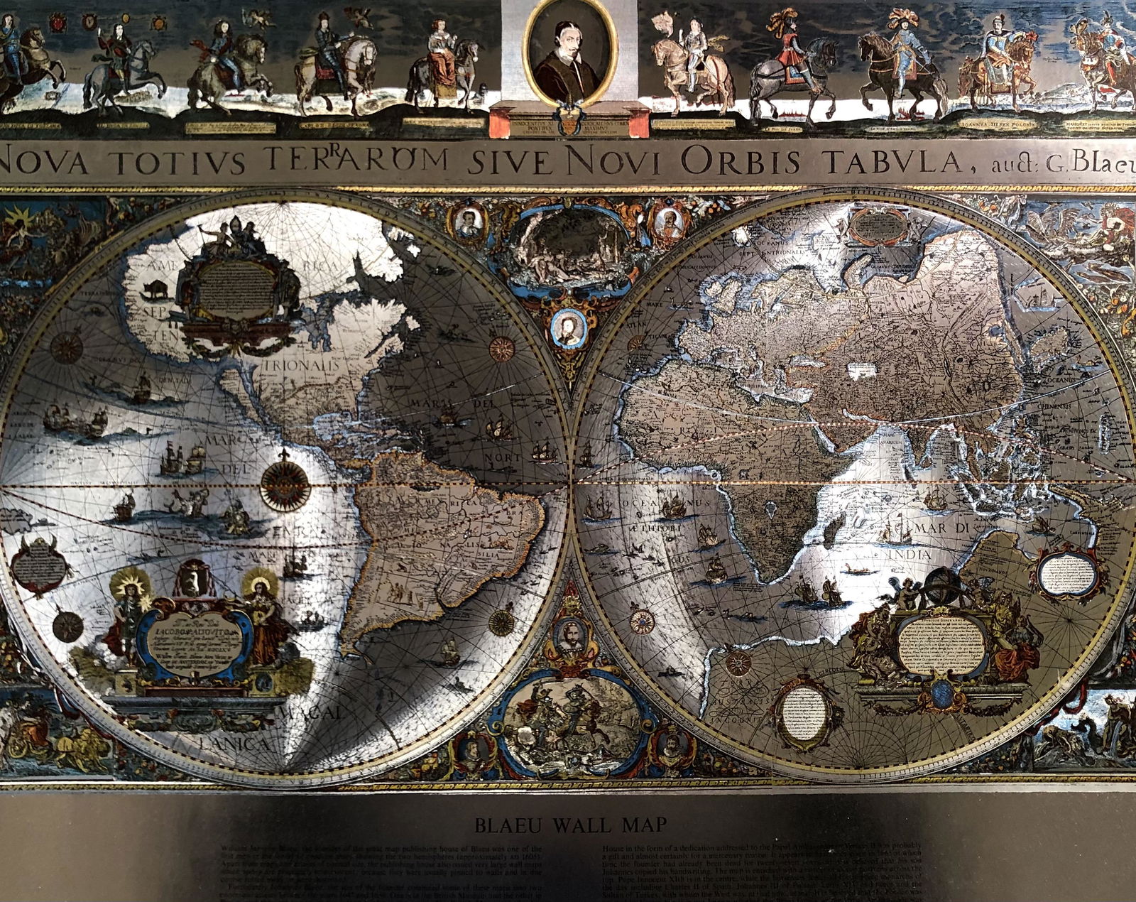 BLAEU WALL MAP Frame w glass FOIL 21 x 17 frame glass: BLAEU WALL MAP Frame w glass FOIL 21 x 17 frame glass, printed in England Approximate measurements: 28 x 20 cardboard frame total; 21 x 17 inches total foil board Materials: multi colored foil on heav