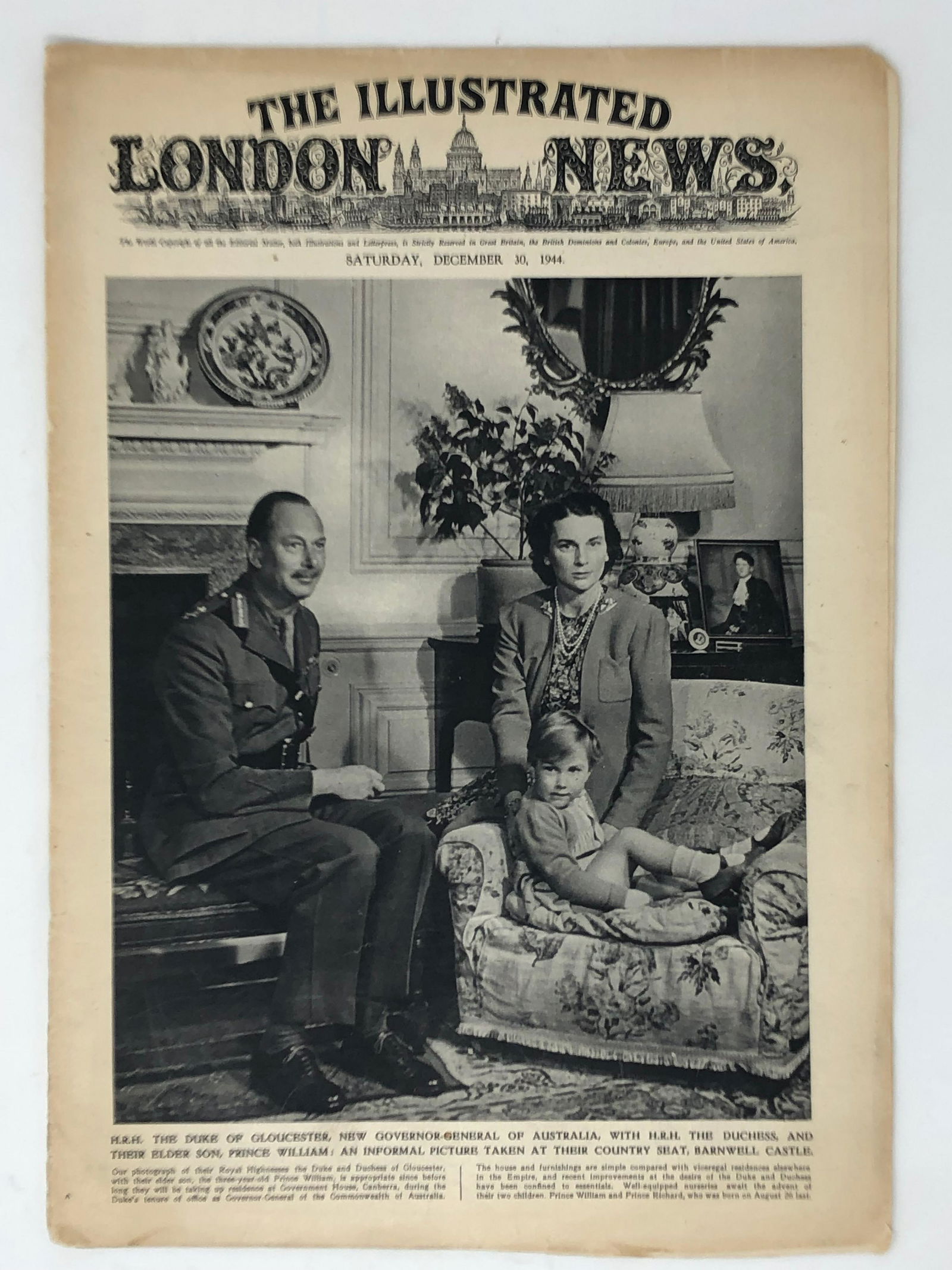 WWII noFrontAdsCover Dec 30 1944, The ILLUSTRATED: WWII noFrontAdsCover Dec 30 1944, The ILLUSTRATED LONDON NEWS weekly issueApproximate measurements: 14.75 x 10.5 inches;Materials: paper, ink, metal staples;Condition: used, good;Shipping cost: $15. D