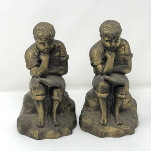 Pair (2) Sitting Thinking Boy bookends bronze: Pair (2) Sitting Thinking Boy cast metal bookends bronzed. Approximate measurements: 7.3 x 4 x 4 inches each. Materials: metal. Shipping cost: $20. Different rate to California, Alaska, Hawaii and