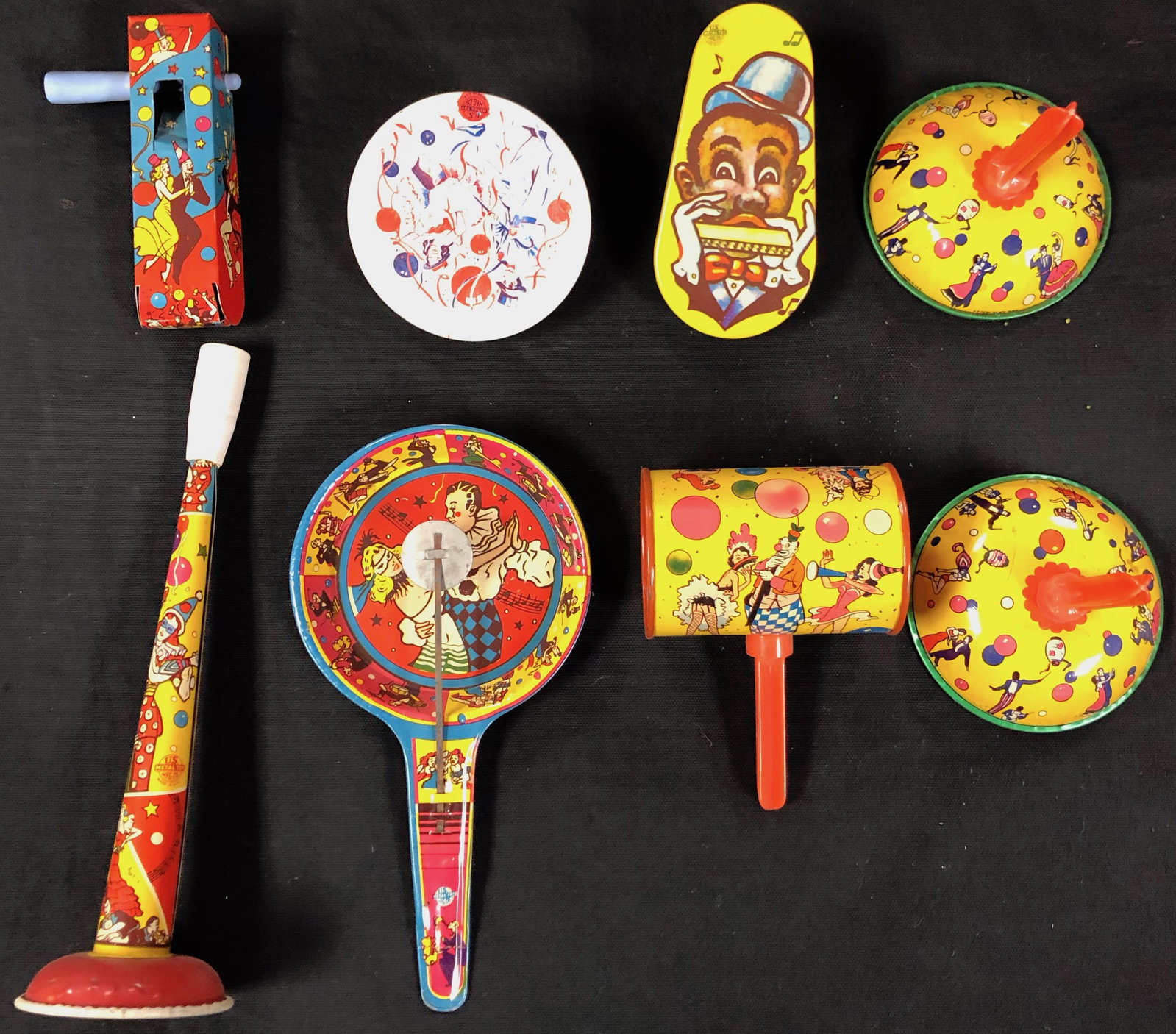 (8) Vintage Tin Party Noisemakers 50s & 60s era: (8) Vintage Tin Party Noisemakers 50s & 60s era. Approximate measurements: varies, up to 9 inches length each. Materials: metal, plastic. Shipping cost: $15. Different rate to California, Alaska, Hawa
