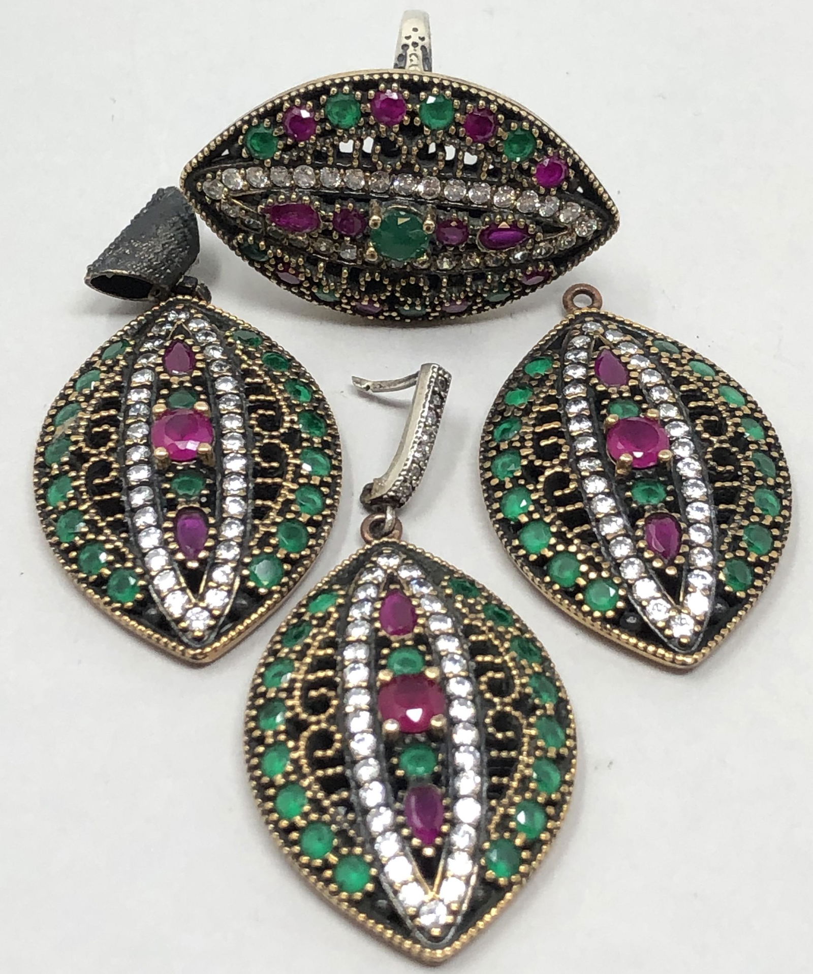 Sterling set earrings ring pendant rubies emeralds (1 of 9)
