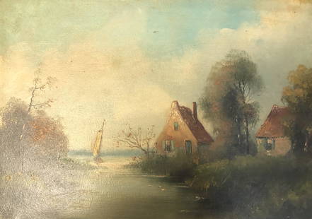 Jeffery E Mortimer early 20 th century oil painting on: Description: Signed obscure early 20th century oil painting on board depicting sail boat river housing landscapeMedium: Oil on boardMeasurement approximate: 15 x 12 InchesShipping cost: $35 Different