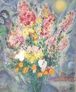 Stone signed Marc Chagall lithograph/ LOVERS BOUQUET: Description: Stone signed Marc Chagall lithograph/ LOVERS BOUQUET with COAMedium: Lithograph on paper Measurement approximate: Frame: 36 x 30 / Image 30 x 24 InchesShipping cost: $130 Different rate t