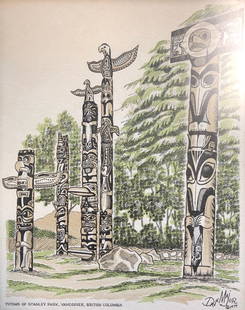 Dave Major Inca lithograph 1979 / Totems of Staley: Description: Dave Major Inca lithograph 1979 / Totems of Staley Park, Vancouver British Columbia. Medium: Glassed etchingMeasurement approximate: Frame: 13 x 11/ Image: 12 x 10 InchesShipping cost: