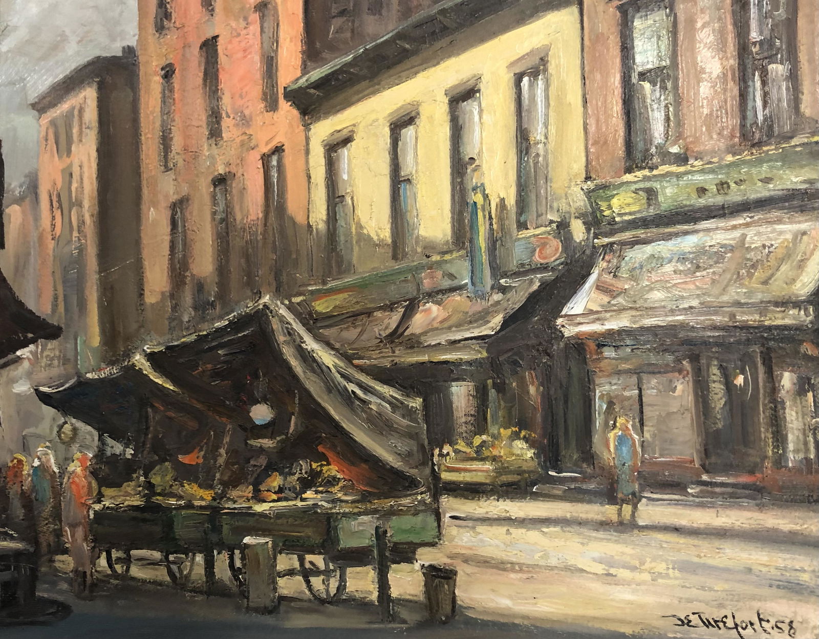 Signed obscured Oil on Canvas STREET VENDOR CART wood (1 of 4)