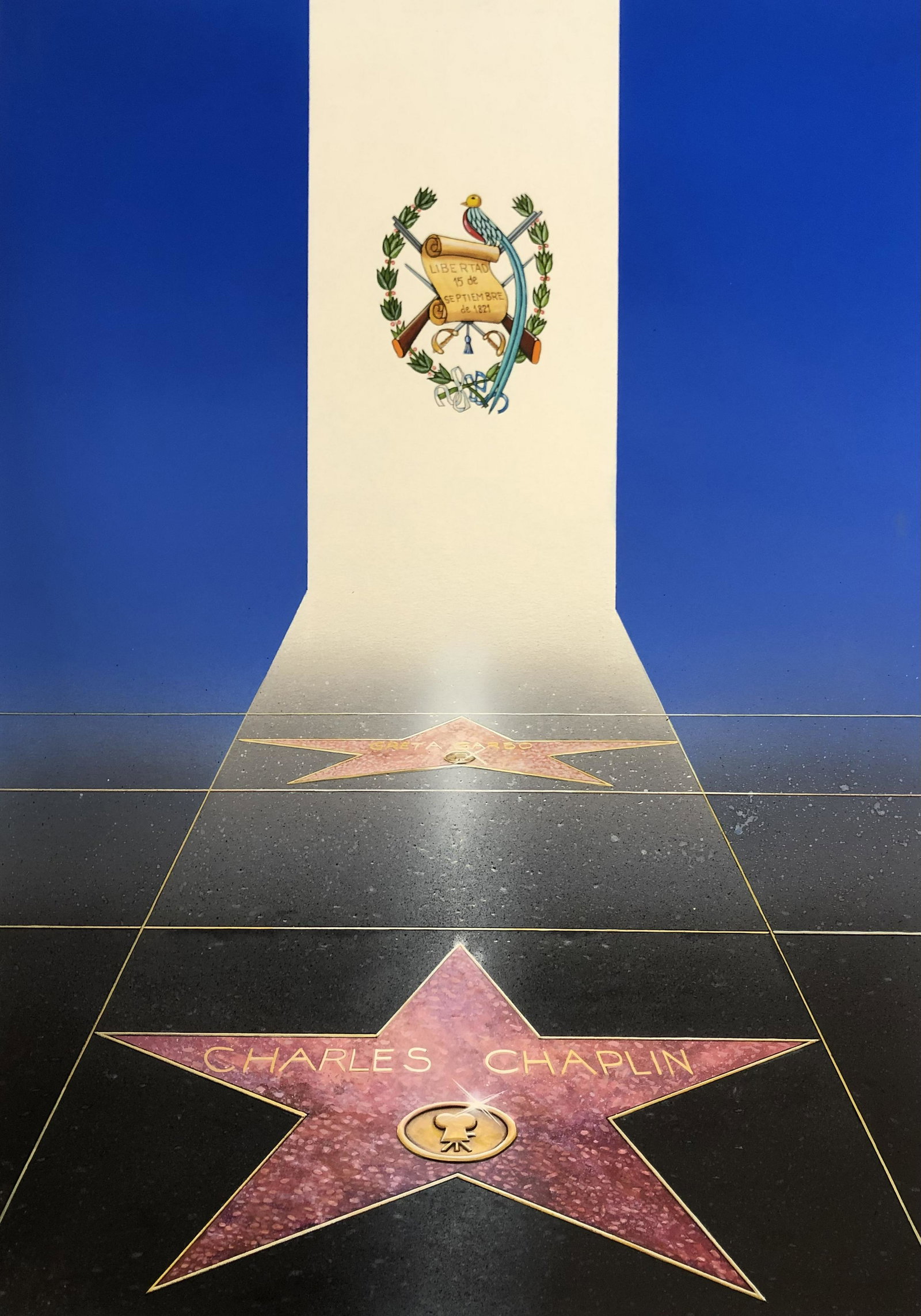 LAINE VAIGUR, Chaplin / Garbo Libertad 15 de Sep 1821: LAINE VAIGUR, Chaplin / Garbo Libertad 15 de Sep 1821 , signed bottom right by artist, 1991, cover marks 500 Anos Los Angeles Bandera Guatemala Walk of Fame", Of Estonian parents who fled after WWII, 