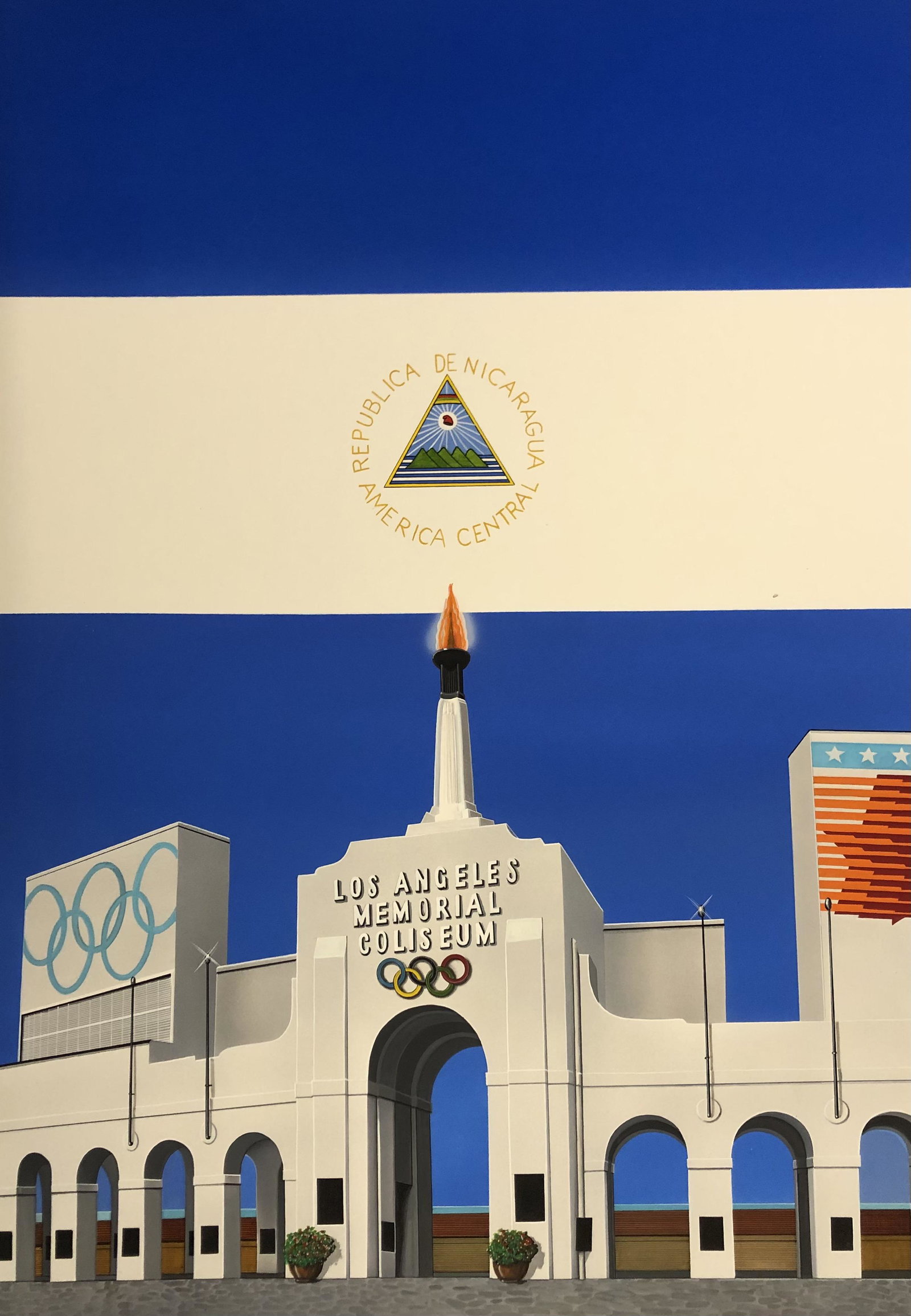 LAINE VAIGUR, Los Angeles Bandera Nicaragua LA Memorial: LAINE VAIGUR, Los Angeles Bandera Nicaragua LA Memorial Coliseum, signed by artist bottom right, 1991, Of Estonian parents who fled after WWII, born in Sweden, artist married and moved to Ecuador Lain