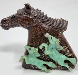 Hand carved Horse Head Statue with Jade Twins: Hand carved Horse Head Statue with Jade Twins. Approximate measurements: 4.5 x 4.5 x 2 inches. Materials: Carved polished brown marble or stone, onyx or black stone bead eyes, Jade. Shipping cost: