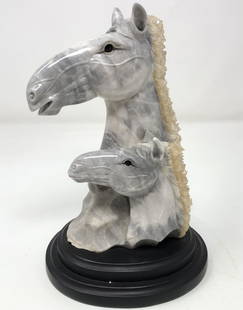 White Grey Gemstone carved Horse Pair Head Busts: White Grey Gemstone carved Horse Pair Head Busts Statue. Approximate measurements: 8 x 5 x 4 inches. Materials: White / grey marble, white/ brown crystal chips, black stone or onyx bead eyes, black