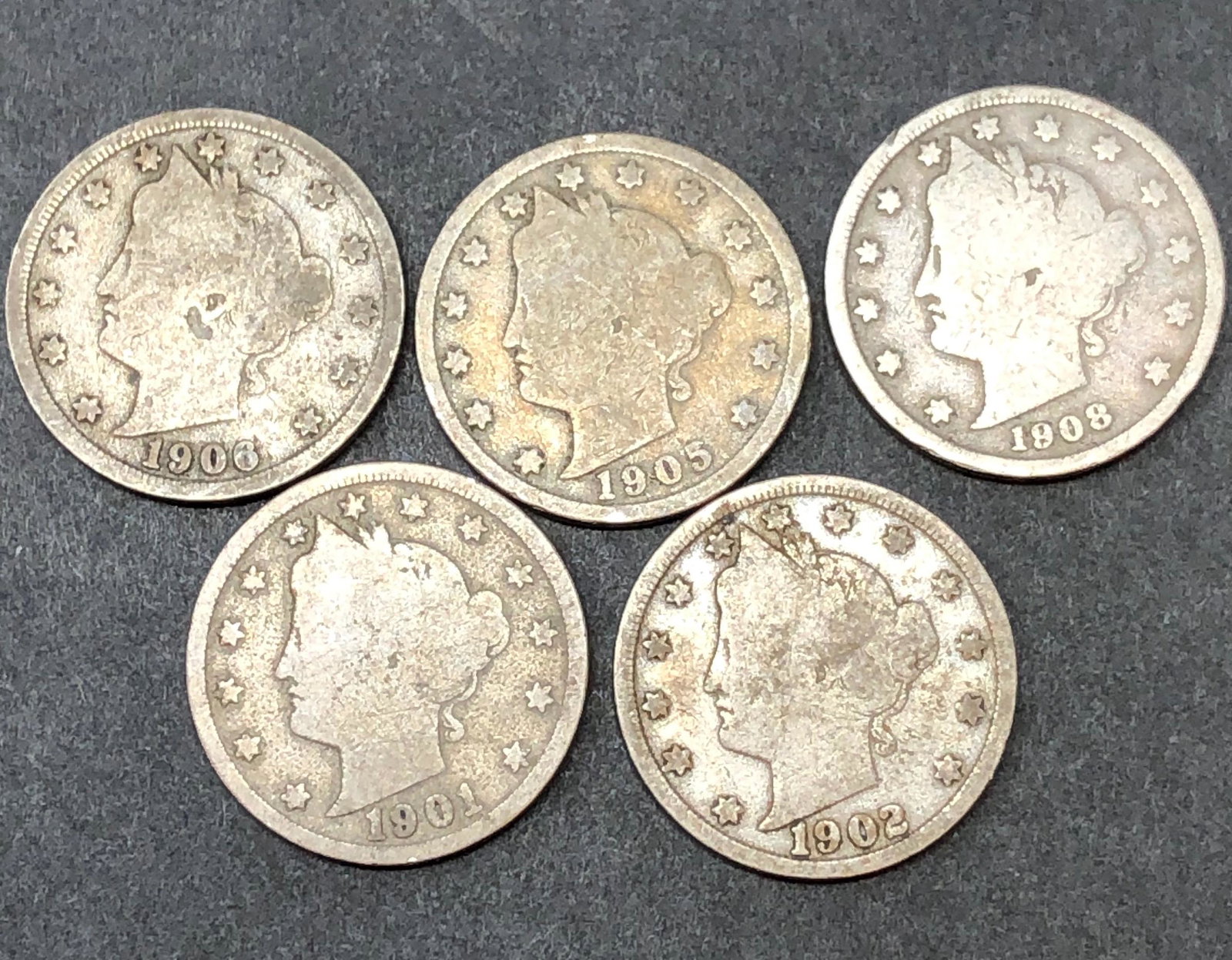 (5) V Nickels Liberty Head 1902 1902 1905 1906 1908 (1 of 2)