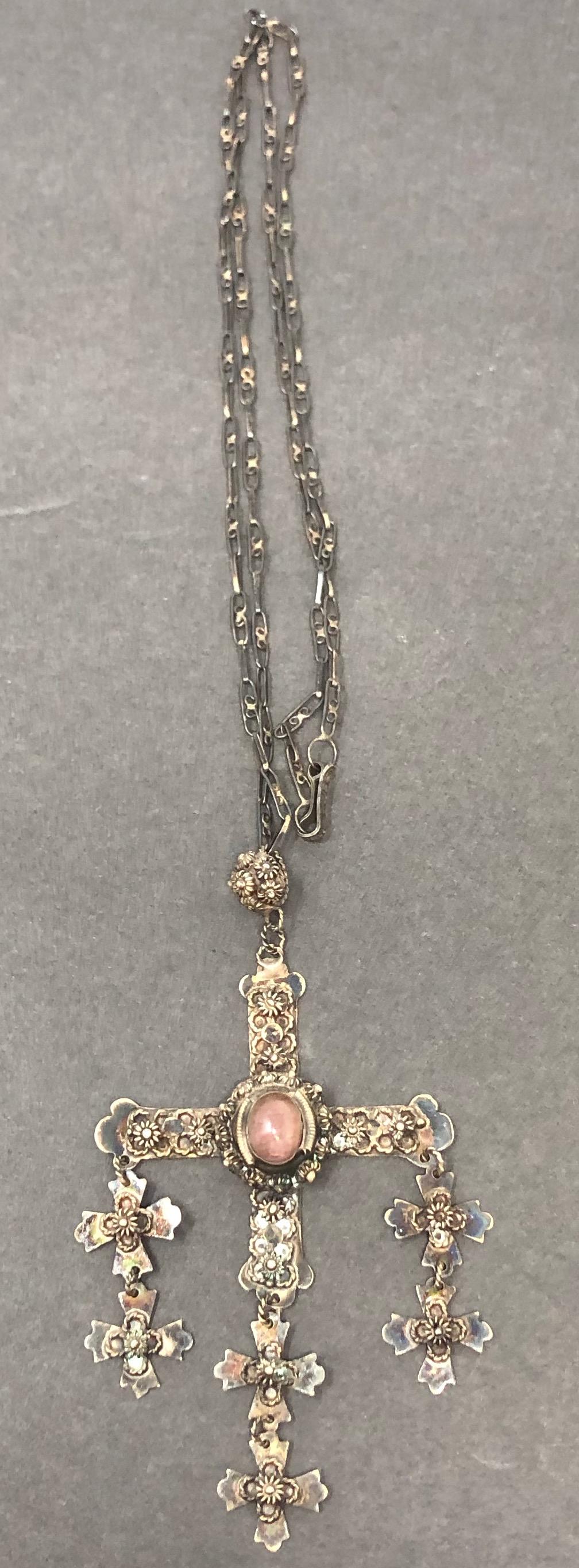 27" Sterling MX Amethyst Necklace w Cross Pendant: Description: 27" Sterling MX Amethyst Necklace w Cross Pendant, maker mark MEXICO, Amethyst/purple stone. Approximate measurements: 27 inches total chain length, 4 inch pendant. Materials: Silver, Ame