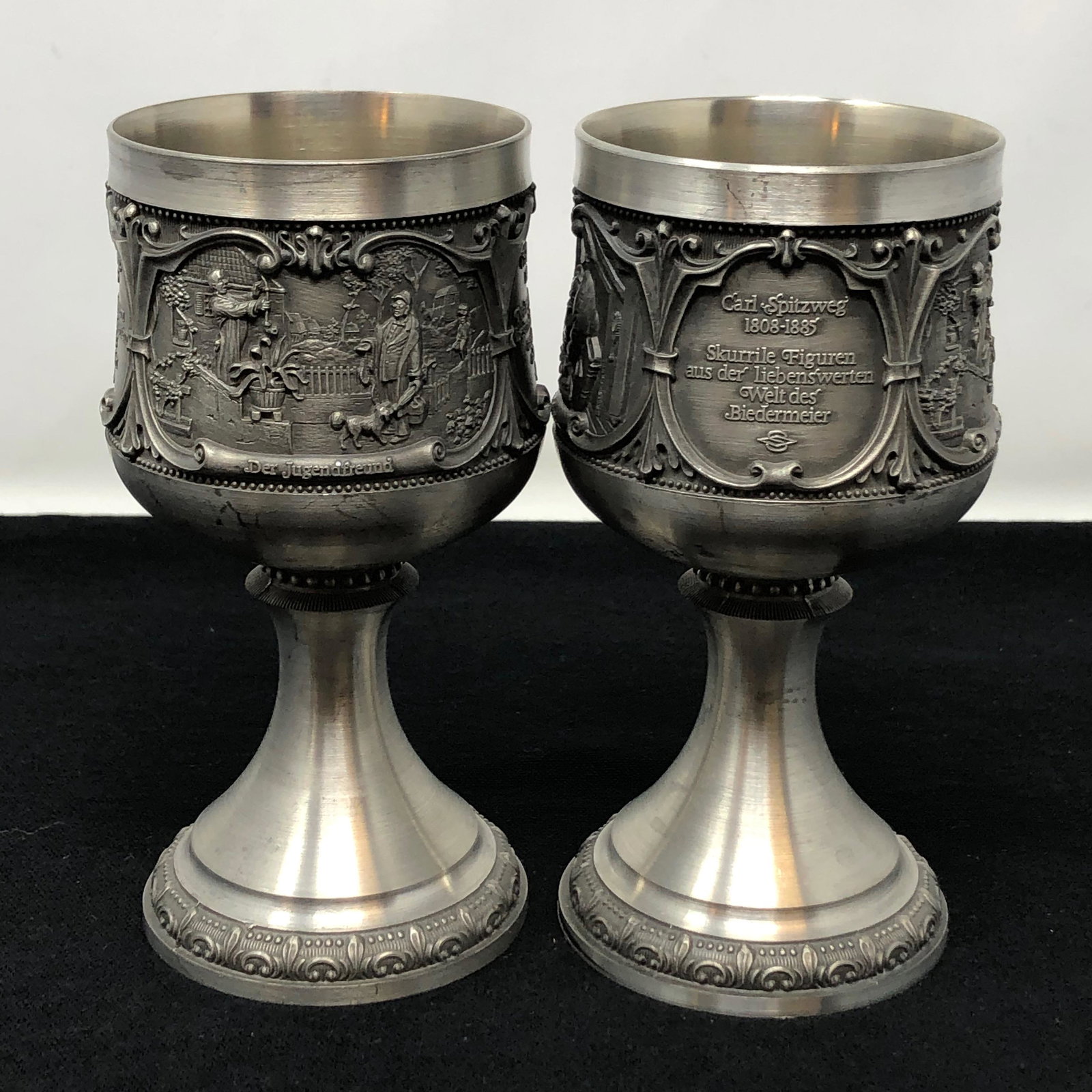 Set (2) Two 5 1/2" PEWTER GOBLET: Description: Set (2) Two 5 1/2" PEWTER GOBLET Approximate measurements: 5.5 H x 2 5/8 inches across top each Materials: Pewter Shipping cost: $12. Different rate to California, Alaska, Hawaii and all 